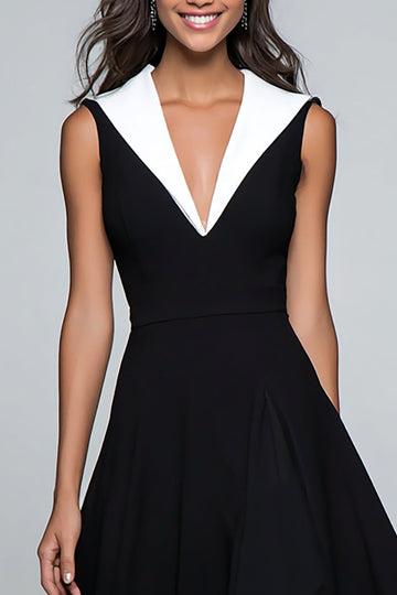 Black and White A Line V Neck Midi Formal Dress
